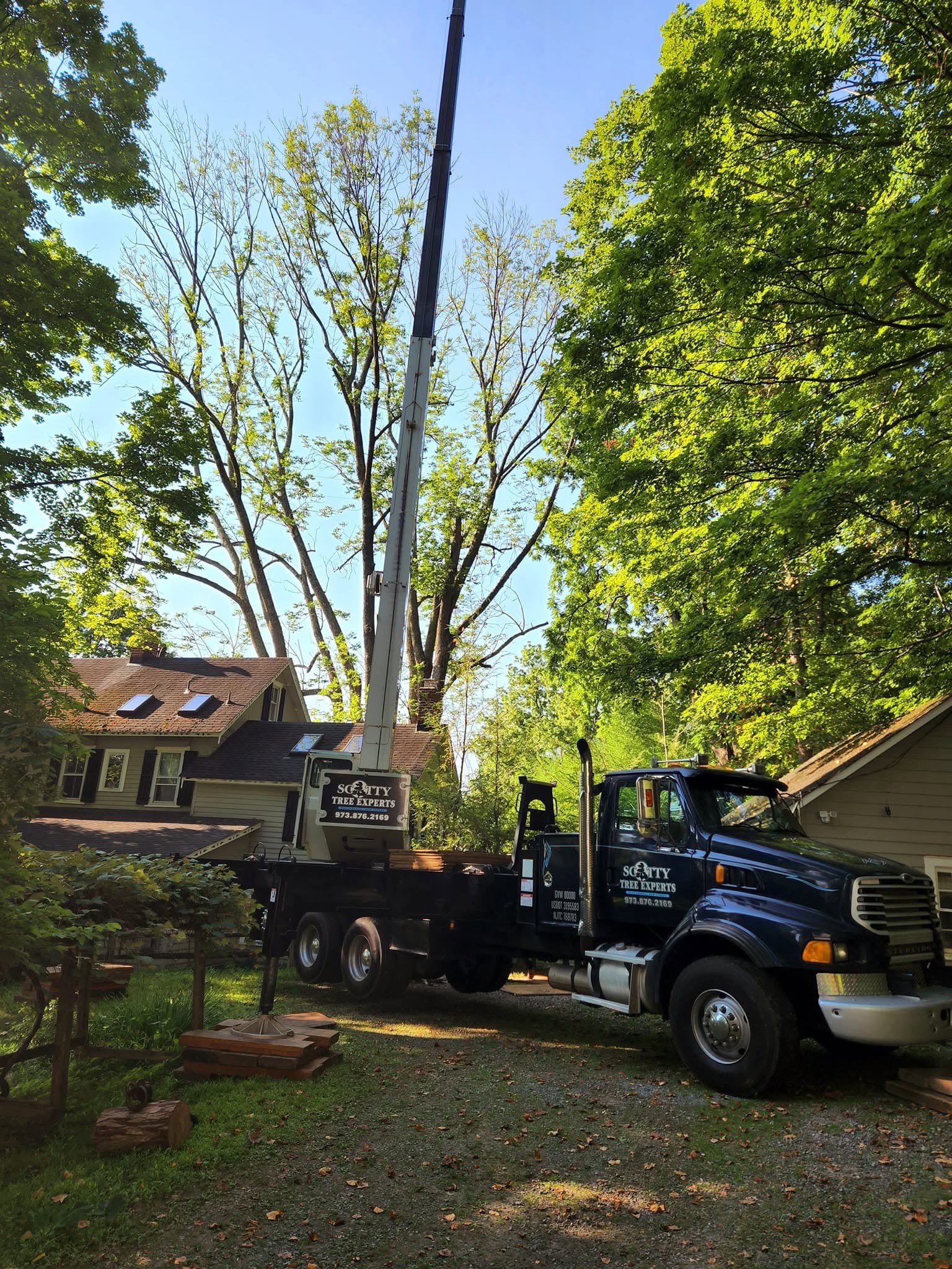Scotty Tree Experts crane positioned at a residential property