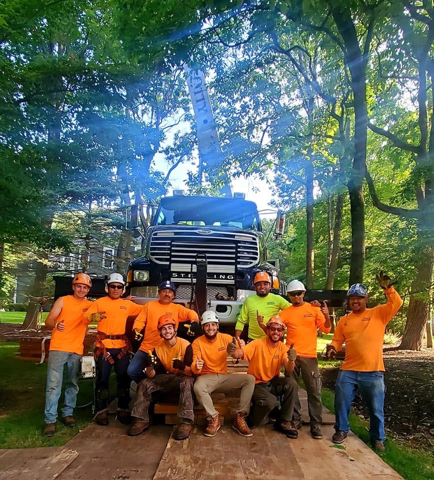 Scotty Tree Experts crew standing together in front of a crane truck
