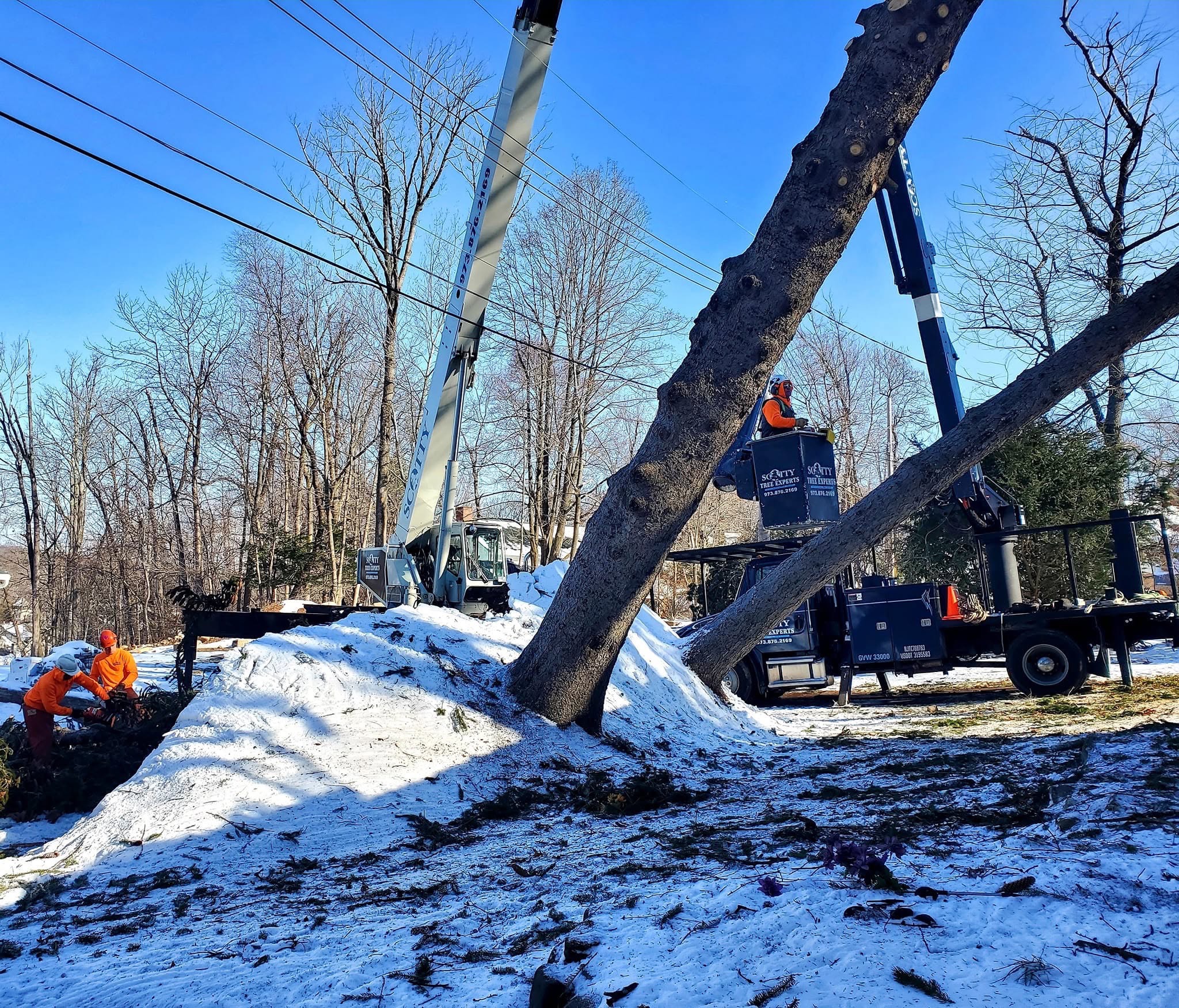 Winter work with bucket truck and crane